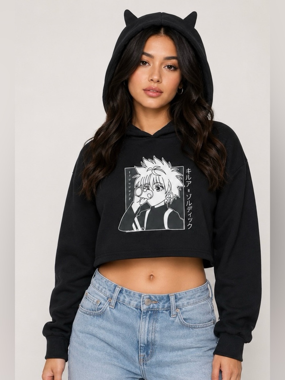 Anime Killua Cat Ear Crop Hoodie – Black Graphic Cropped Sweatshirt – XL